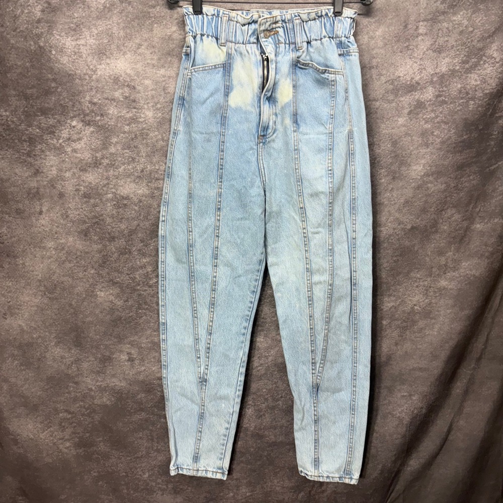 Farm Rio Paperbag Ultra High Waist Slim Barrel Leg Jeans Womens S Bleached Faded